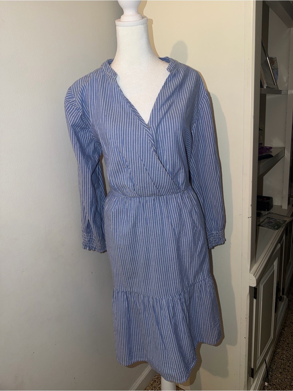 beachlunchlounge Blue and White Striped Wrap-Style Midi Dress